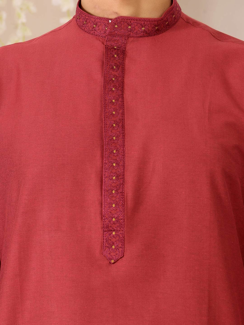 Dark Red Delux Cotton Straight Kurta with Embroidered Neck – Red