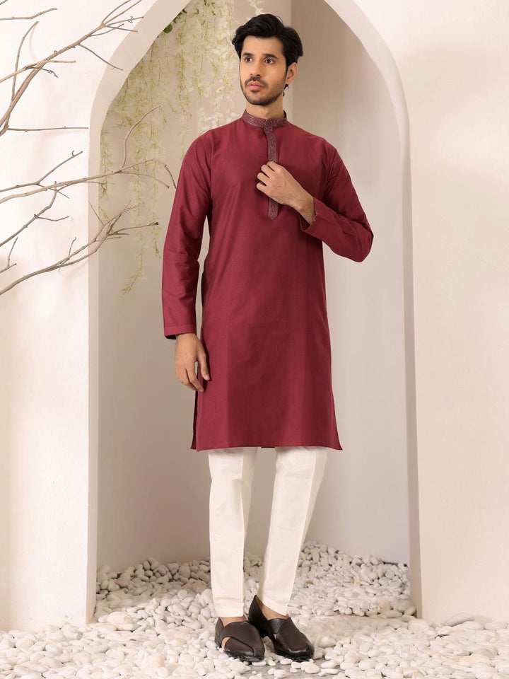 Wine Delux Cotton Straight Kurta with Embroidered Neck