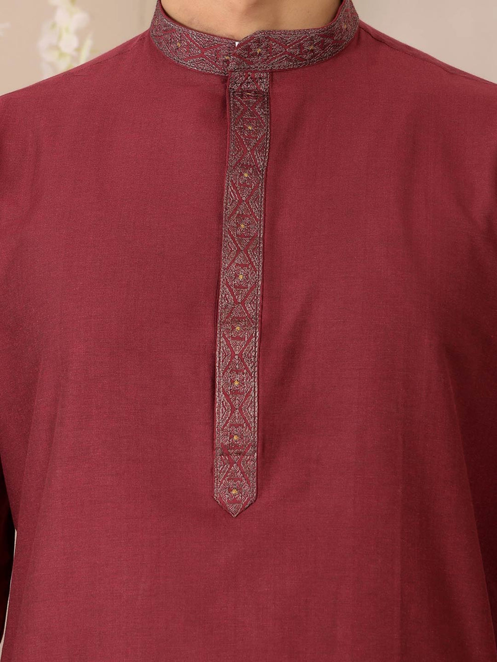 Wine Delux Cotton Straight Kurta with Embroidered Neck – Maroon