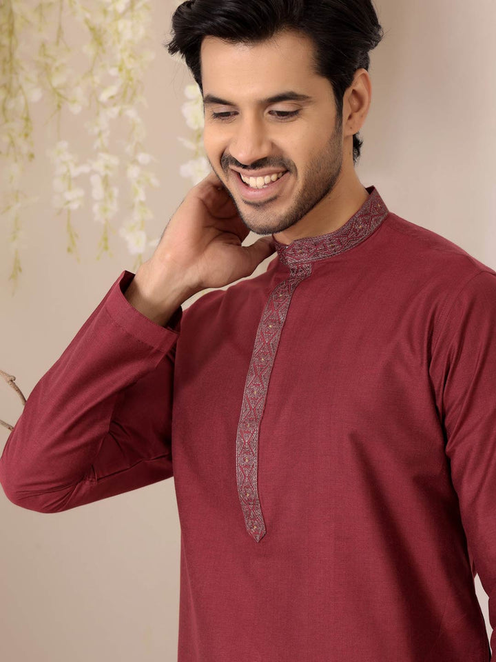 Wine Delux Cotton Straight Kurta with Embroidered Neck