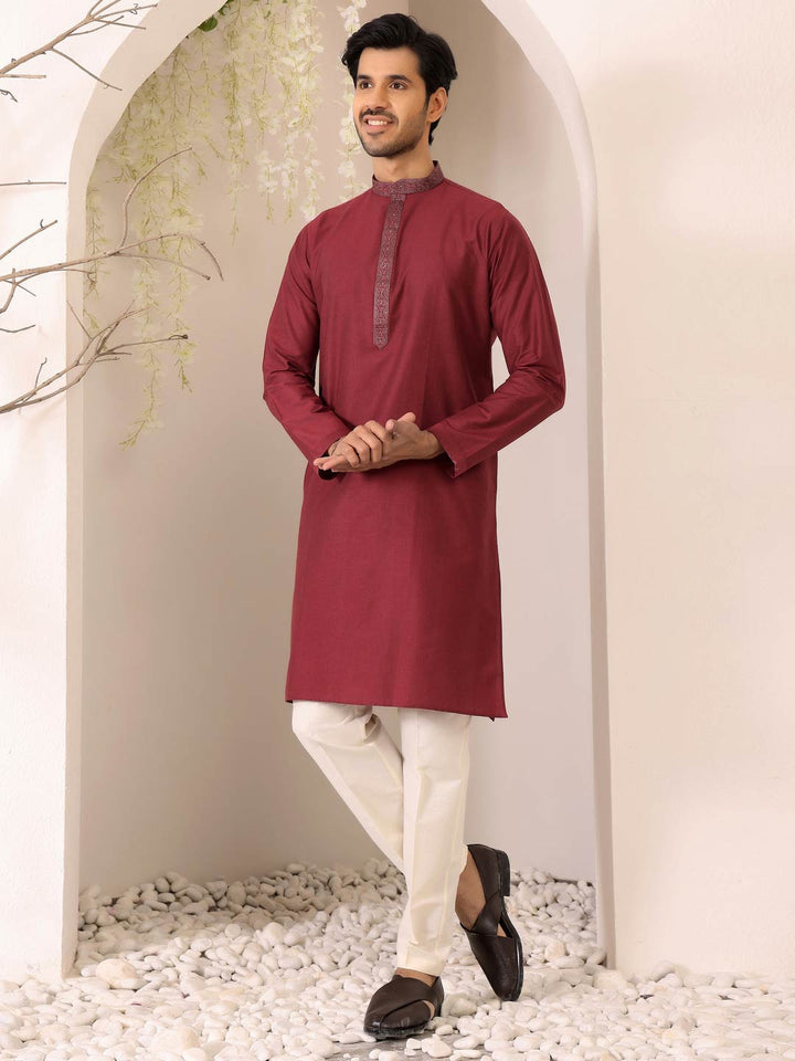 Wine Delux Cotton Straight Kurta with Embroidered Neck