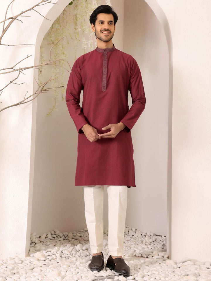 Wine Delux Cotton Straight Kurta with Embroidered Neck