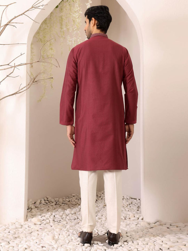 Wine Delux Cotton Straight Kurta with Embroidered Neck