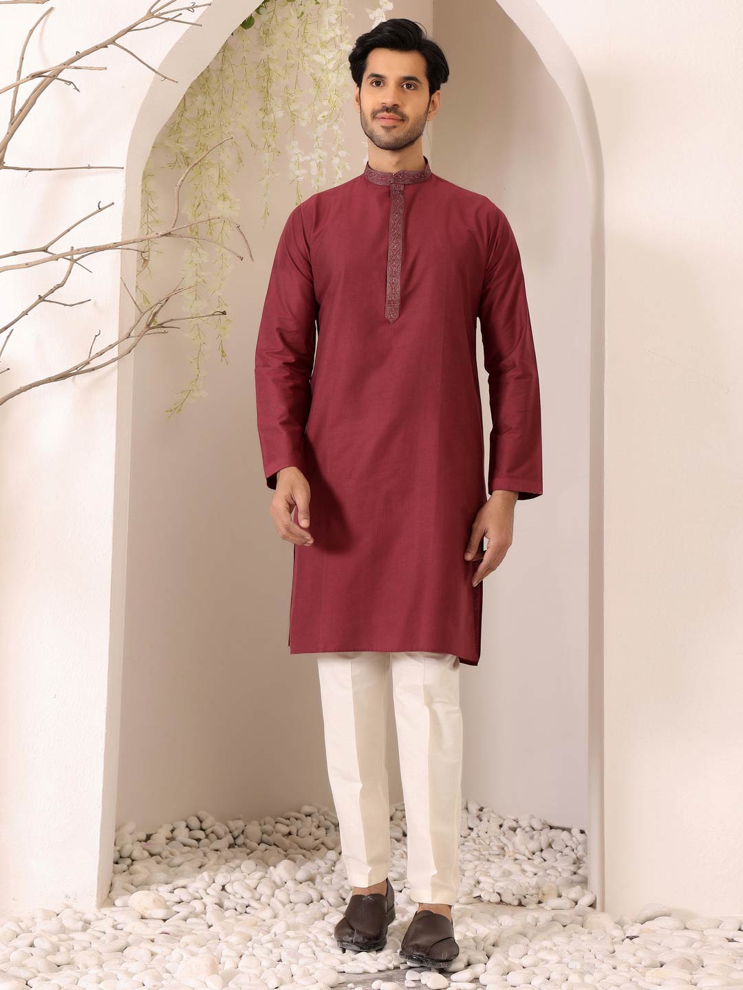 Wine Delux Cotton Straight Kurta with Embroidered Neck