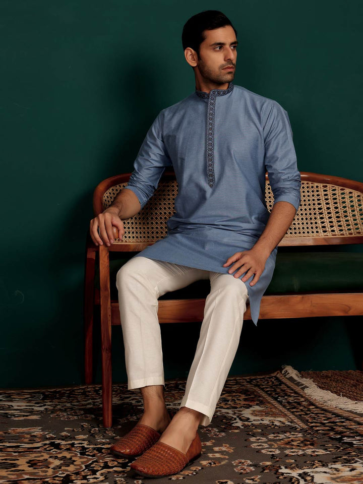 Glacious Blue Delux Cotton Straight Kurta with Embroidered Neck