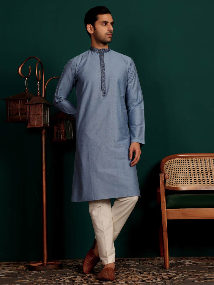 Glacious Blue Delux Cotton Straight Kurta with Embroidered Neck