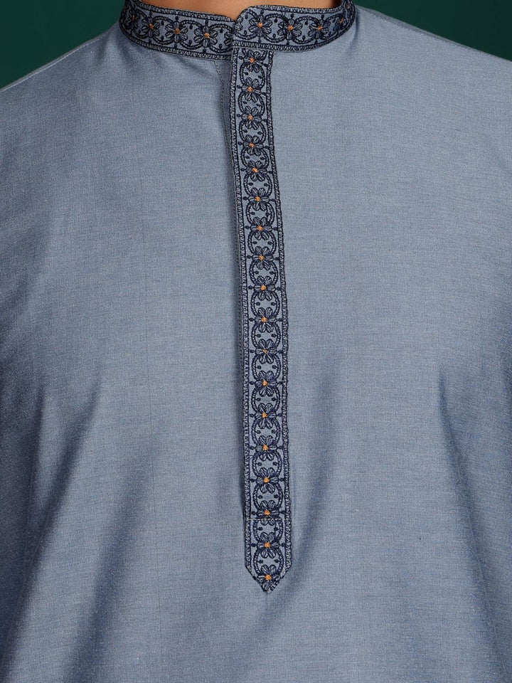 Glacious Blue Delux Cotton Straight Kurta with Embroidered Neck