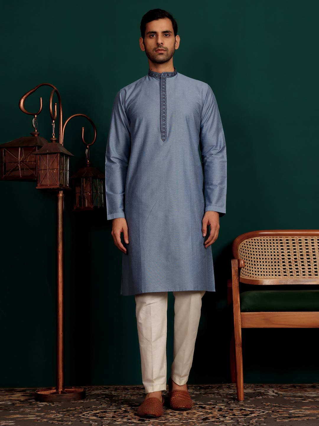 Glacious Blue Delux Cotton Straight Kurta with Embroidered Neck