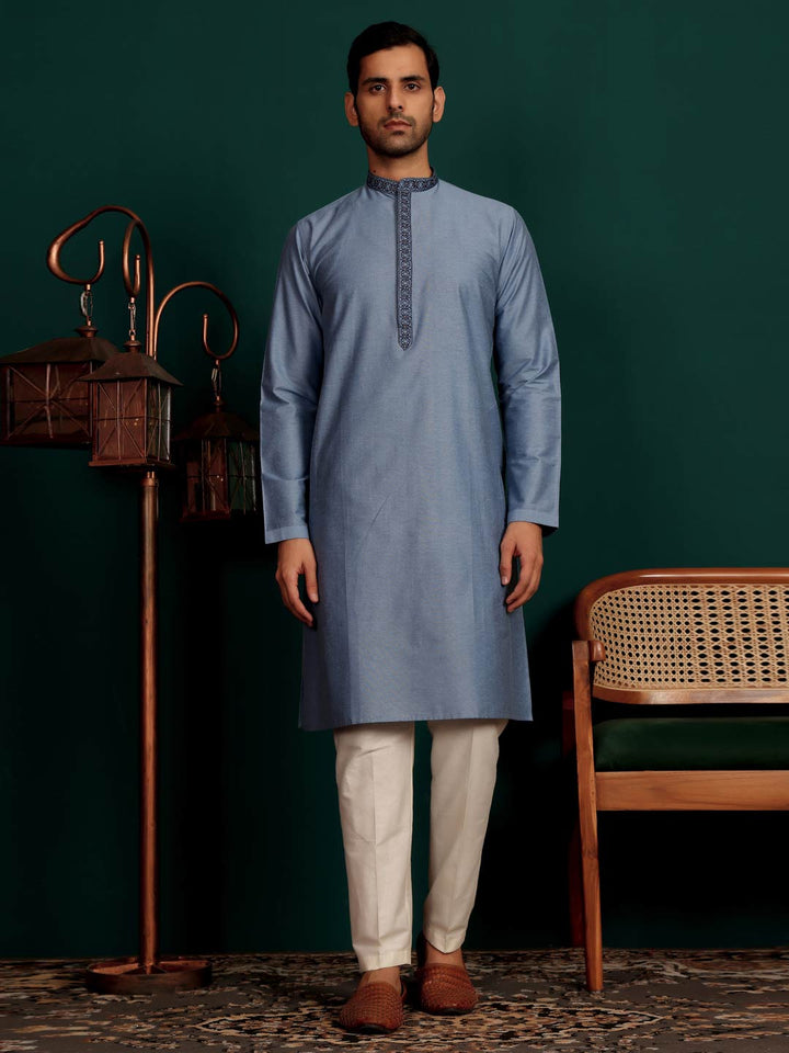 Glacious Blue Delux Cotton Straight Kurta with Embroidered Neck
