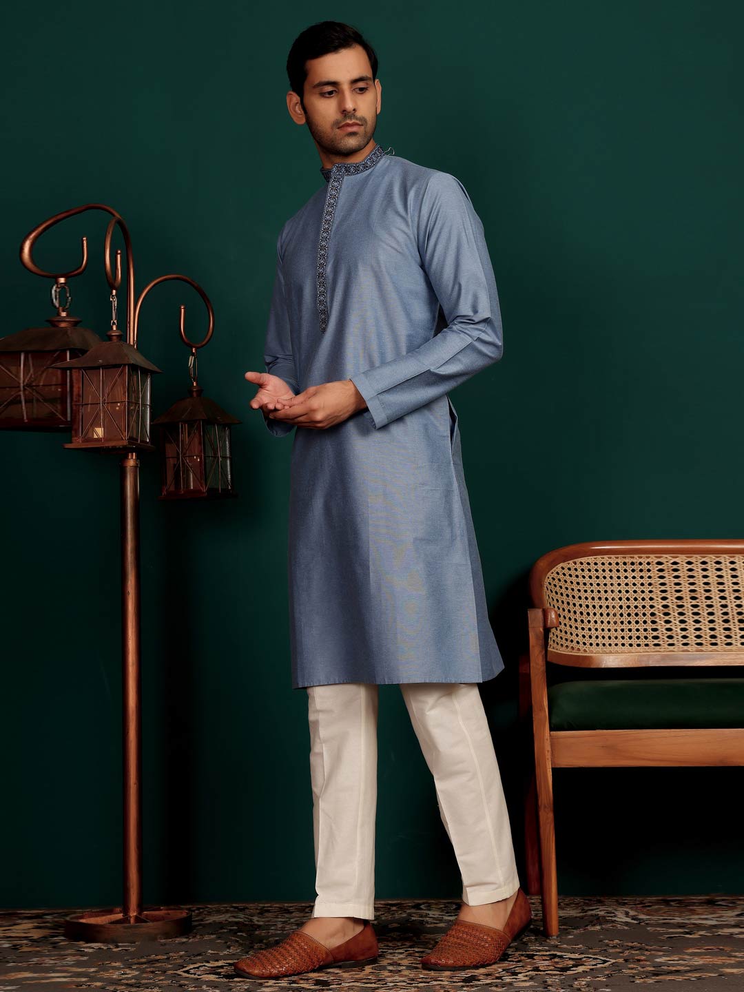 Glacious Blue Delux Cotton Straight Kurta with Embroidered Neck
