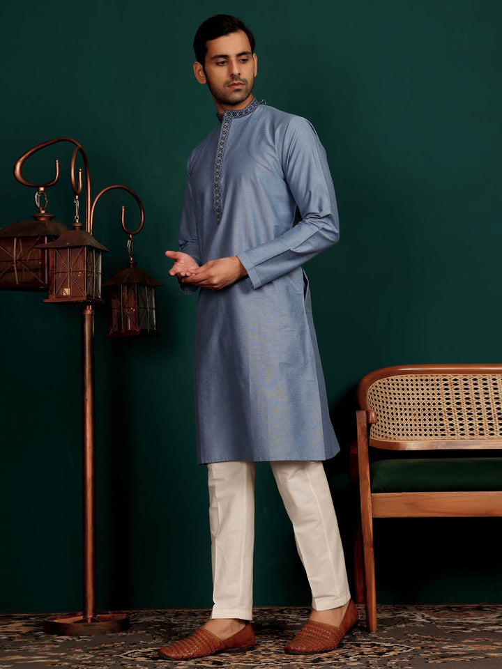 Glacious Blue Delux Cotton Straight Kurta with Embroidered Neck