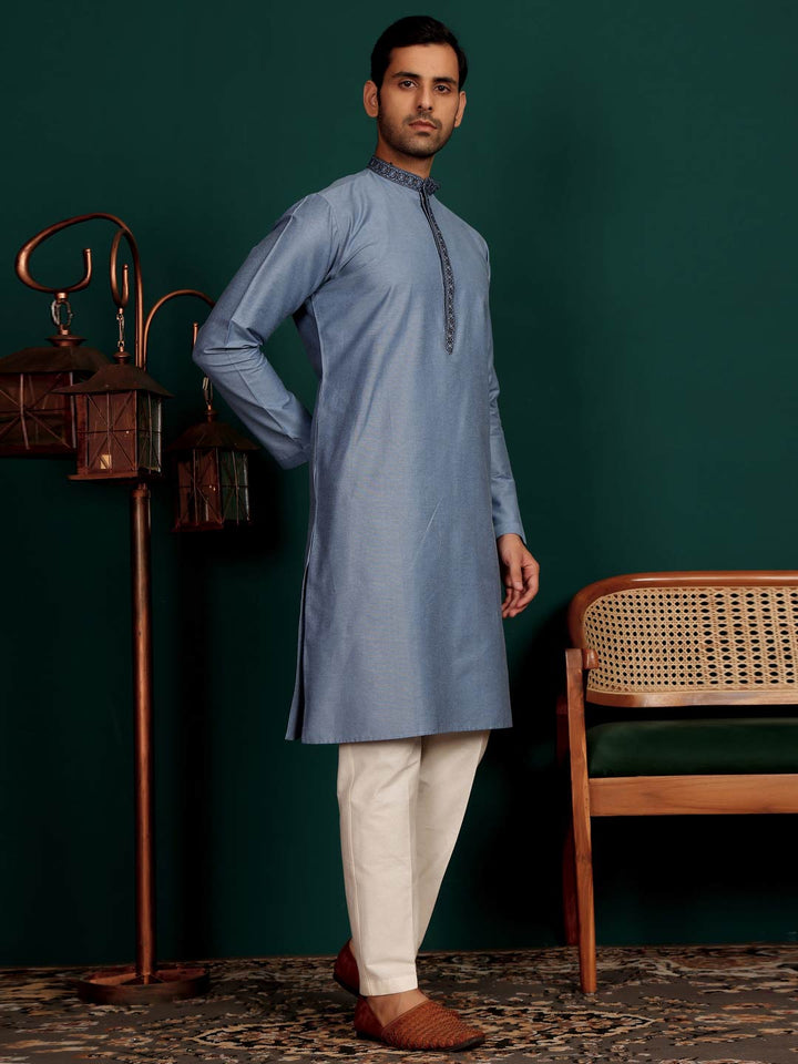 Glacious Blue Delux Cotton Straight Kurta with Embroidered Neck