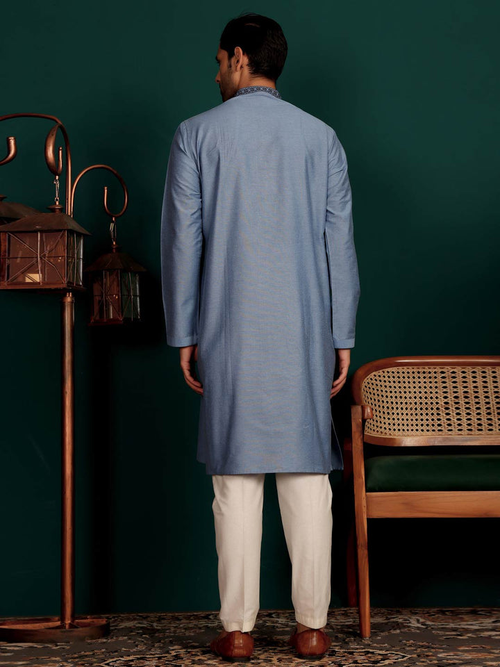 Glacious Blue Delux Cotton Straight Kurta with Embroidered Neck
