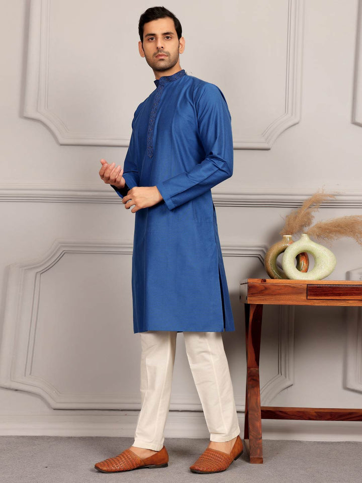 Cobalt Blue Delux Cotton Straight Kurta with Embroidered Neck