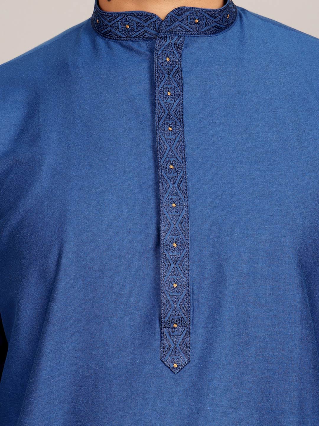 Cobalt Blue Delux Cotton Straight Kurta with Embroidered Neck