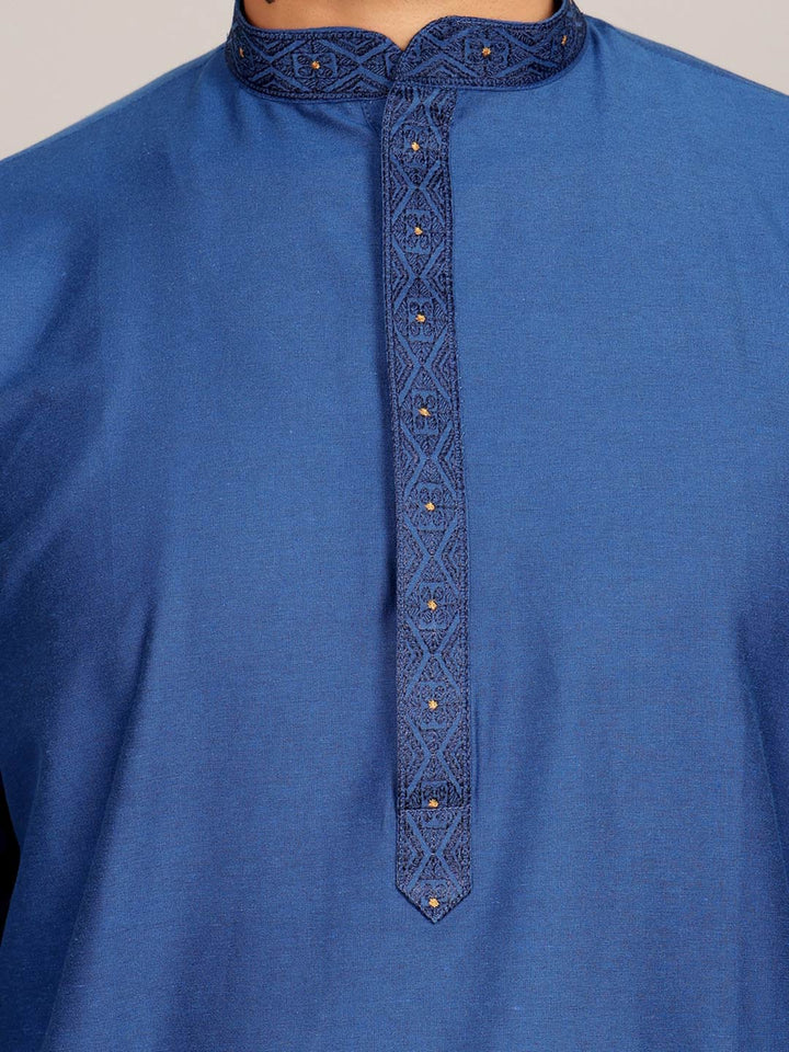 Cobalt Blue Delux Cotton Straight Kurta with Embroidered Neck