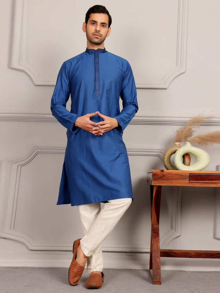 Cobalt Blue Delux Cotton Straight Kurta with Embroidered Neck