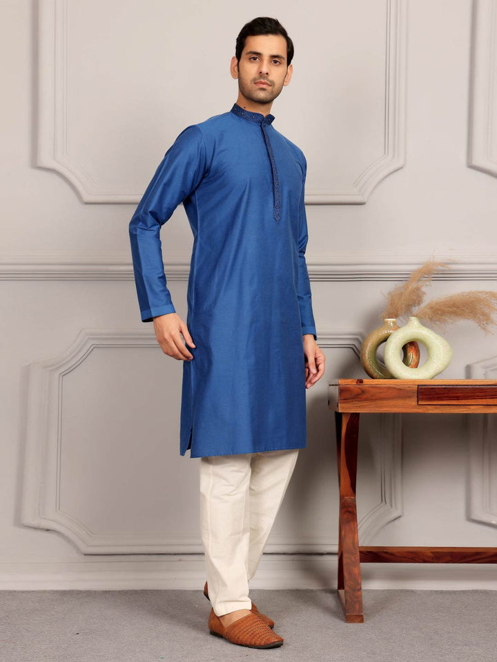 Cobalt Blue Delux Cotton Straight Kurta with Embroidered Neck