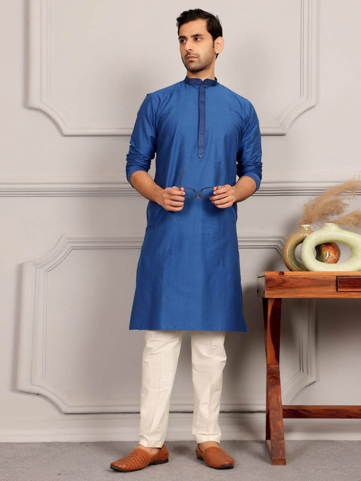 Cobalt Blue Delux Cotton Straight Kurta with Embroidered Neck