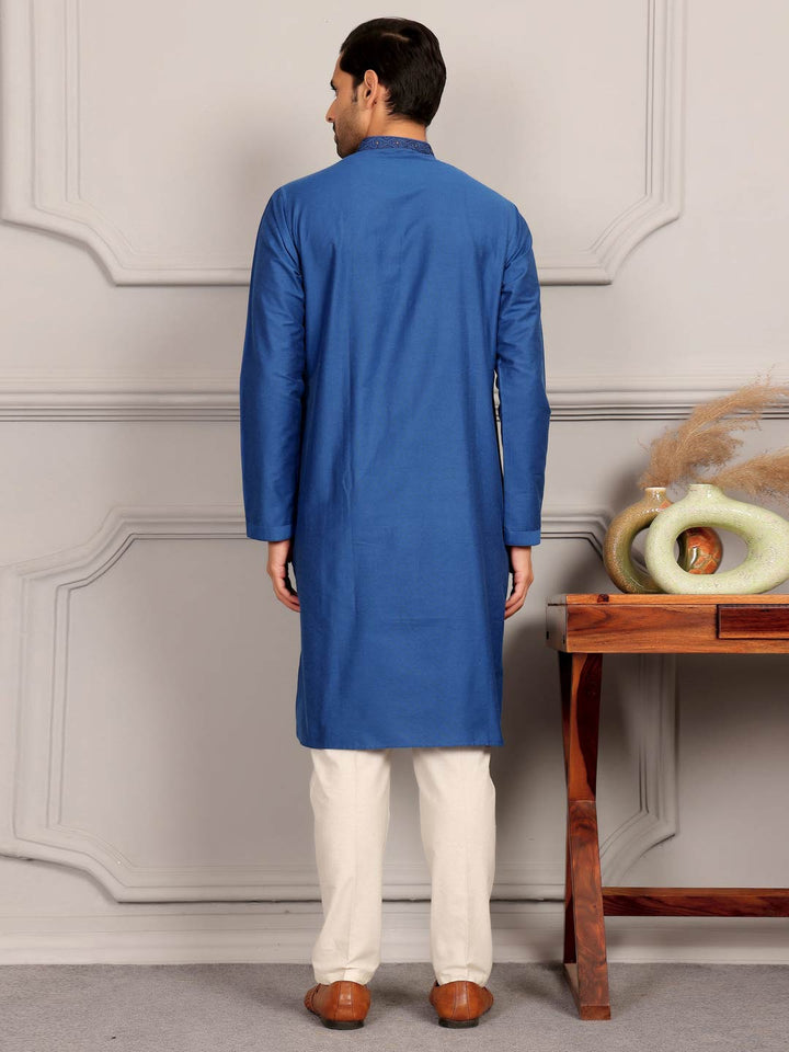 Cobalt Blue Delux Cotton Straight Kurta with Embroidered Neck