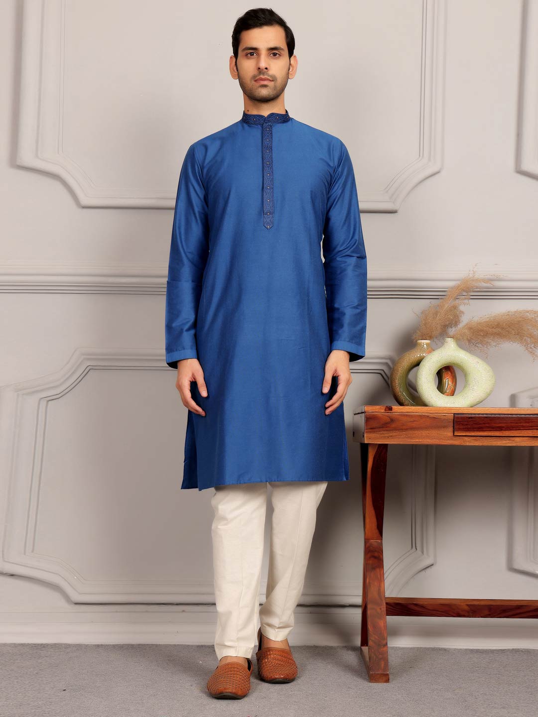 Cobalt Blue Delux Cotton Straight Kurta with Embroidered Neck