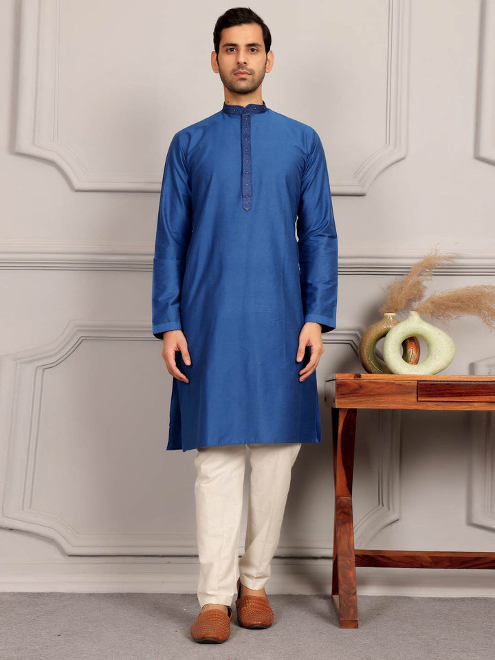 Cobalt Blue Delux Cotton Straight Kurta with Embroidered Neck