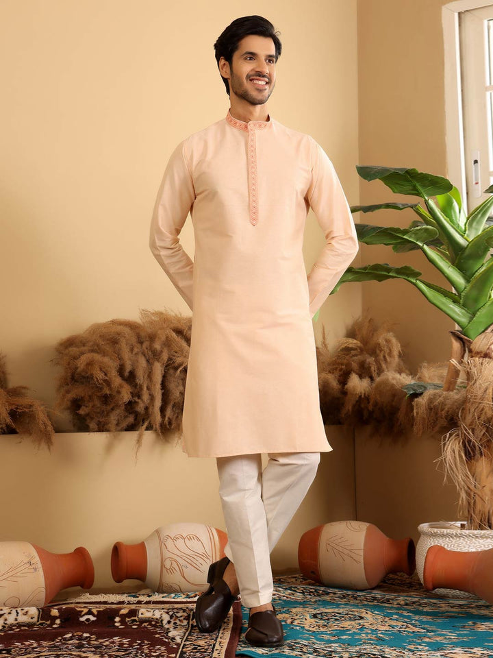Light Peach Delux Cotton Straight Kurta with Embroidered Neck