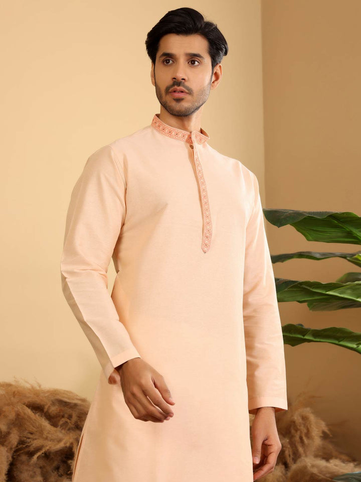 Light Peach Delux Cotton Straight Kurta with Embroidered Neck