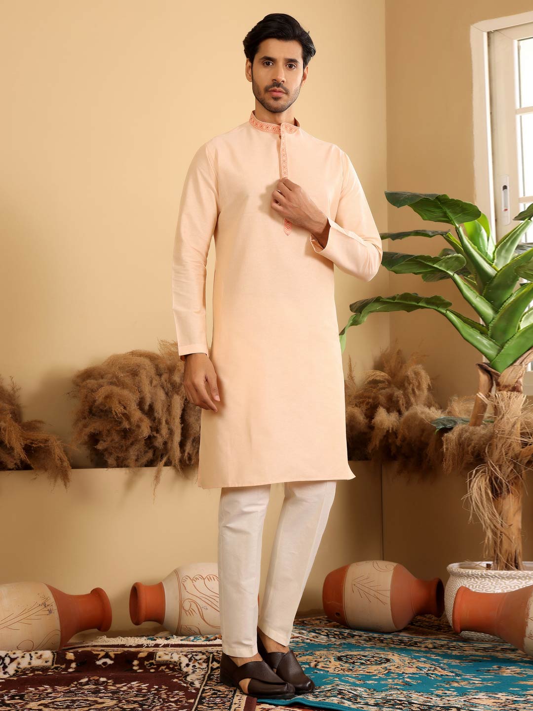 Light Peach Delux Cotton Straight Kurta with Embroidered Neck