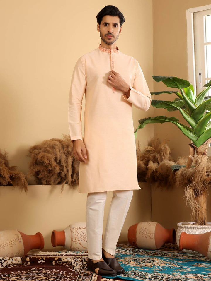 Light Peach Delux Cotton Straight Kurta with Embroidered Neck