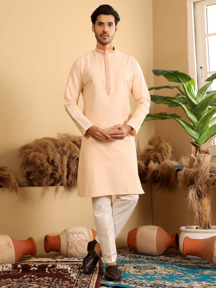 Light Peach Delux Cotton Straight Kurta with Embroidered Neck
