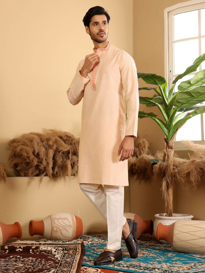 Light Peach Delux Cotton Straight Kurta with Embroidered Neck