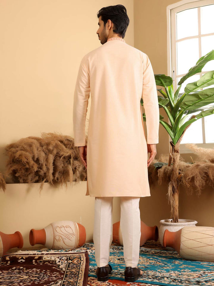 Light Peach Delux Cotton Straight Kurta with Embroidered Neck