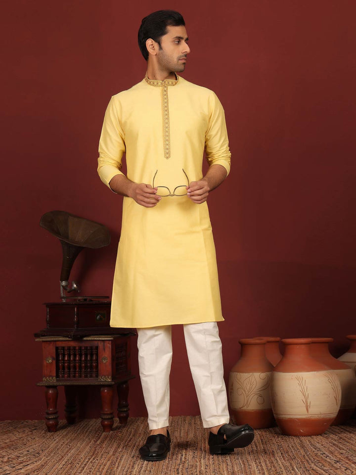 Light Yellow Delux Cotton Straight Kurta with Embroidered Neck