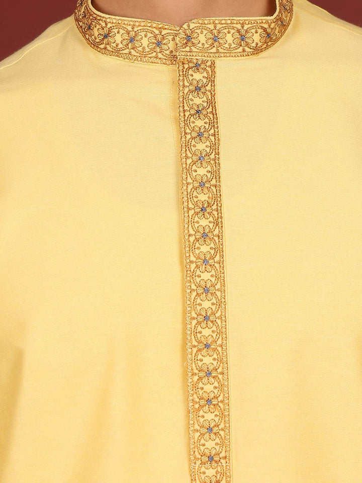 Light Yellow Delux Cotton Straight Kurta with Embroidered Neck
