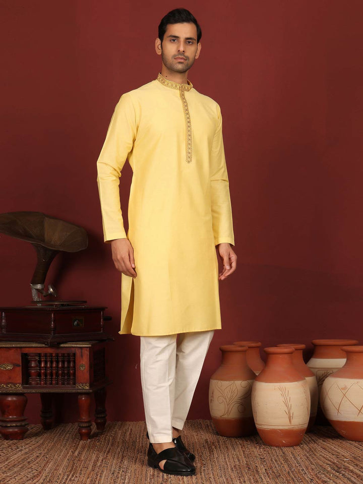 Light Yellow Delux Cotton Straight Kurta with Embroidered Neck