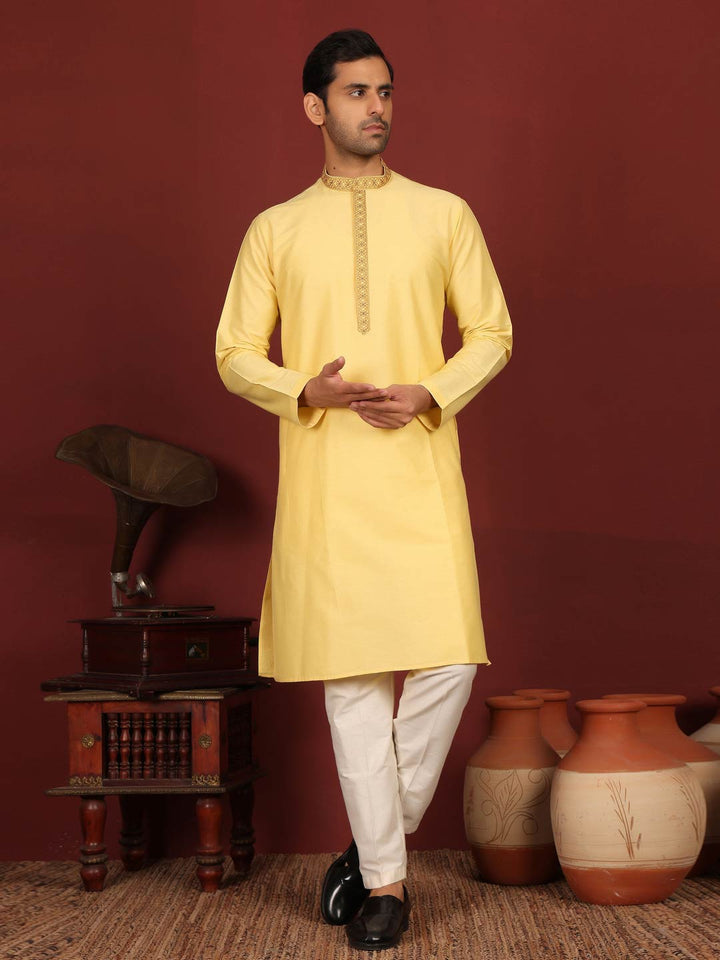 Light Yellow Delux Cotton Straight Kurta with Embroidered Neck