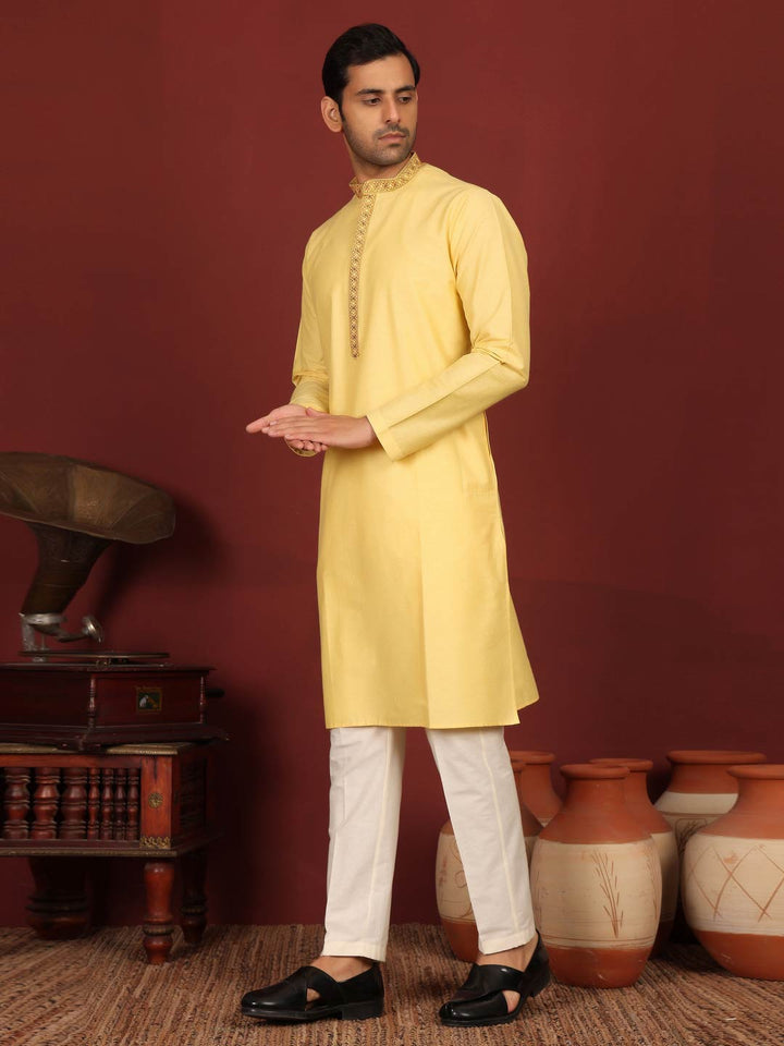 Light Yellow Delux Cotton Straight Kurta with Embroidered Neck