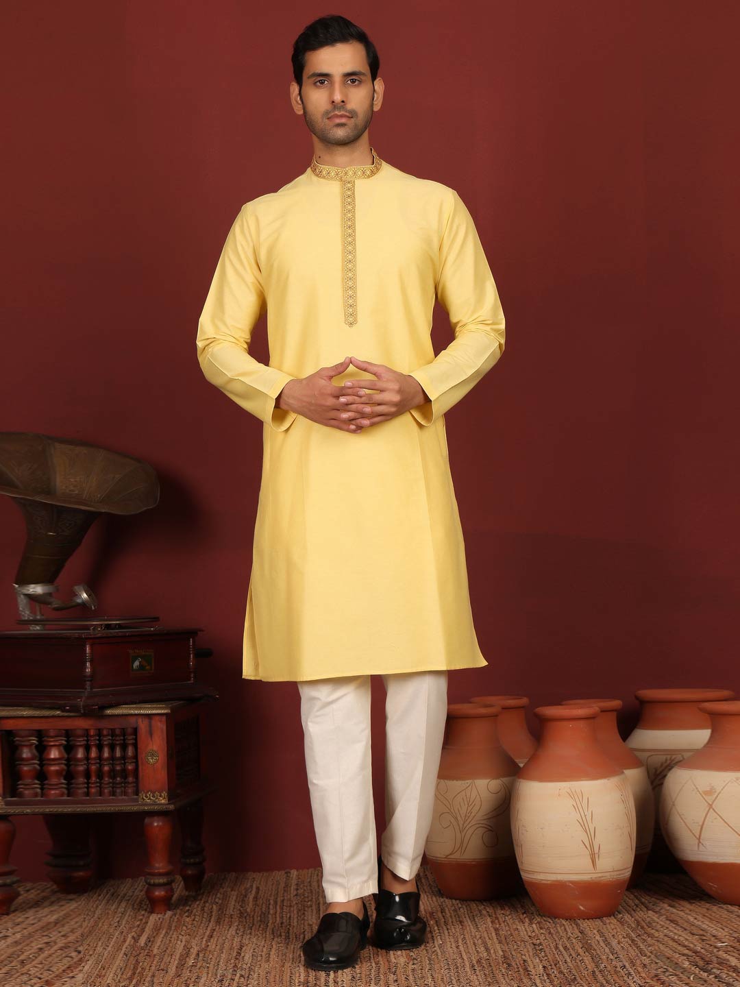 Light Yellow Delux Cotton Straight Kurta with Embroidered Neck