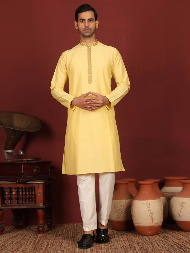 Light Yellow Delux Cotton Straight Kurta with Embroidered Neck