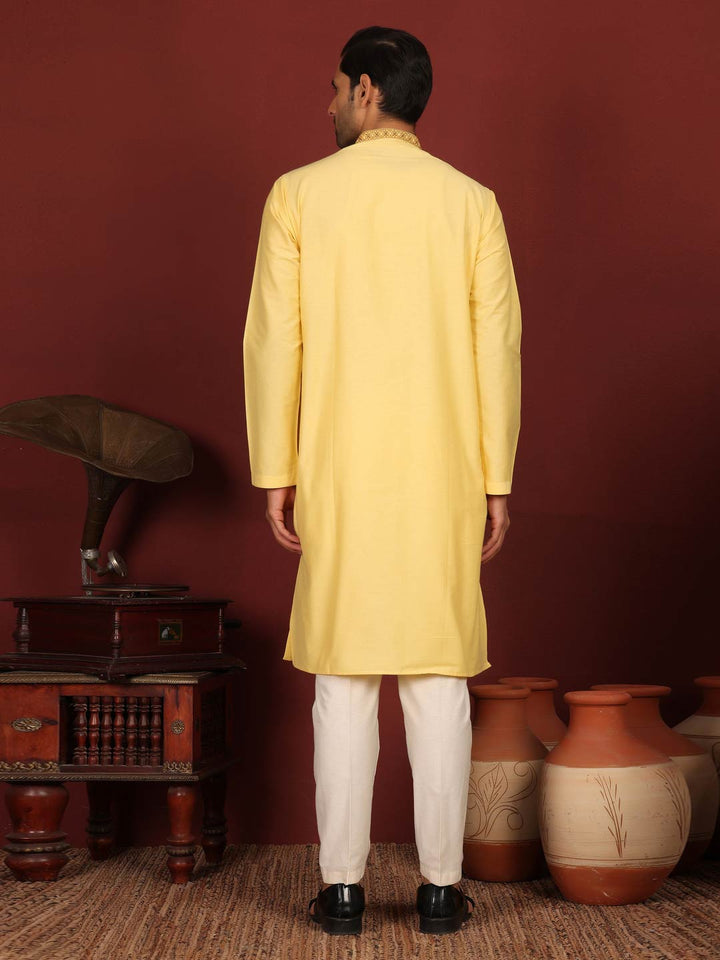 Light Yellow Delux Cotton Straight Kurta with Embroidered Neck