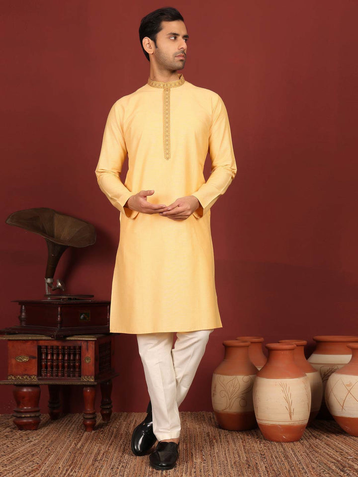 Light Marigold Delux Cotton Straight Kurta with Embroidered Neck