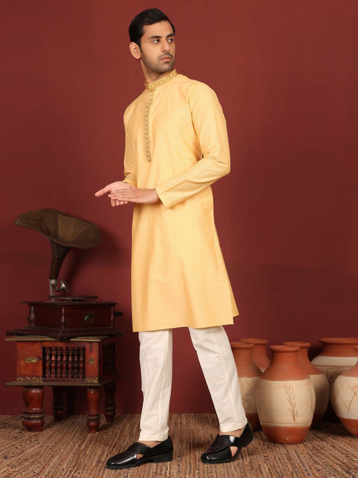 Light Marigold Delux Cotton Straight Kurta with Embroidered Neck