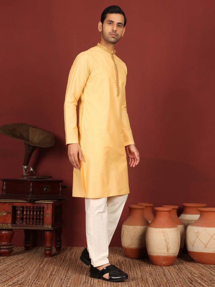 Light Marigold Delux Cotton Straight Kurta with Embroidered Neck