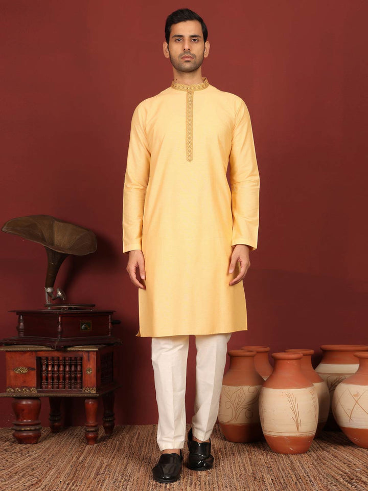 Light Marigold Delux Cotton Straight Kurta with Embroidered Neck