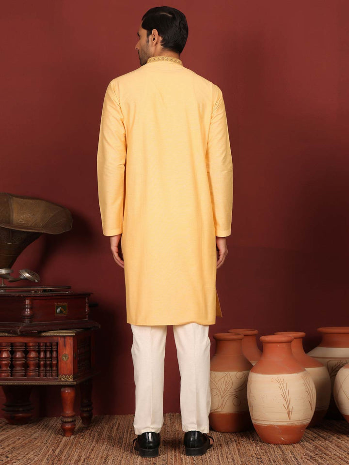 Light Marigold Delux Cotton Straight Kurta with Embroidered Neck