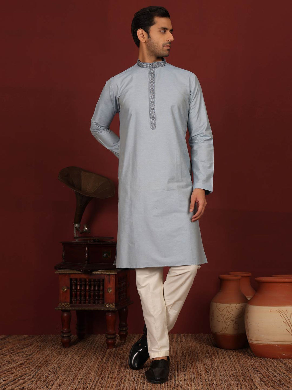 Greyish Blue Delux Cotton Straight Kurta with Embroidered Neck – Blue