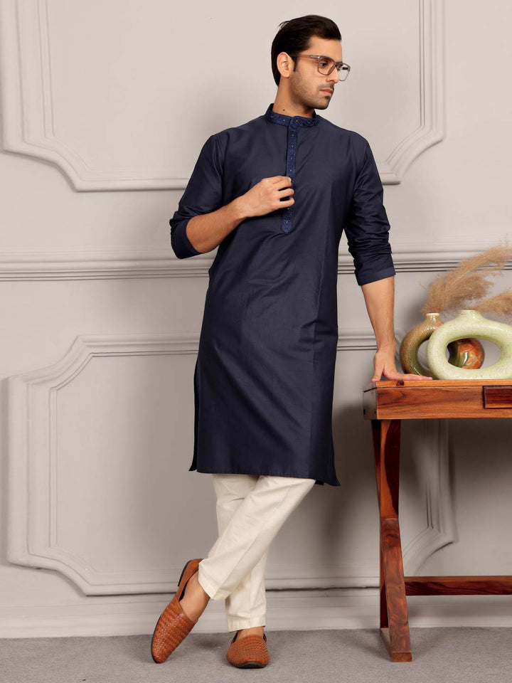 Midnight Blue Delux Cotton Straight Kurta with Embroidered Neck