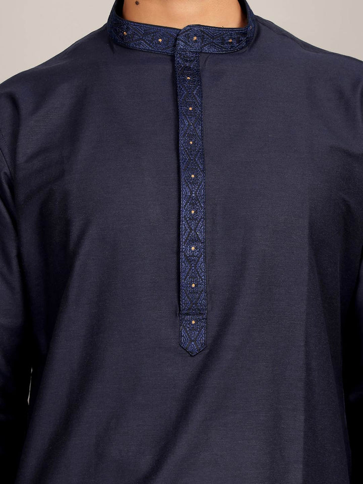 Midnight Blue Delux Cotton Straight Kurta with Embroidered Neck