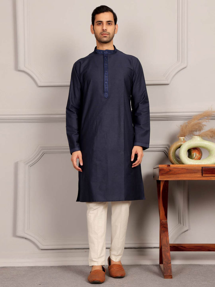 Midnight Blue Delux Cotton Straight Kurta with Embroidered Neck